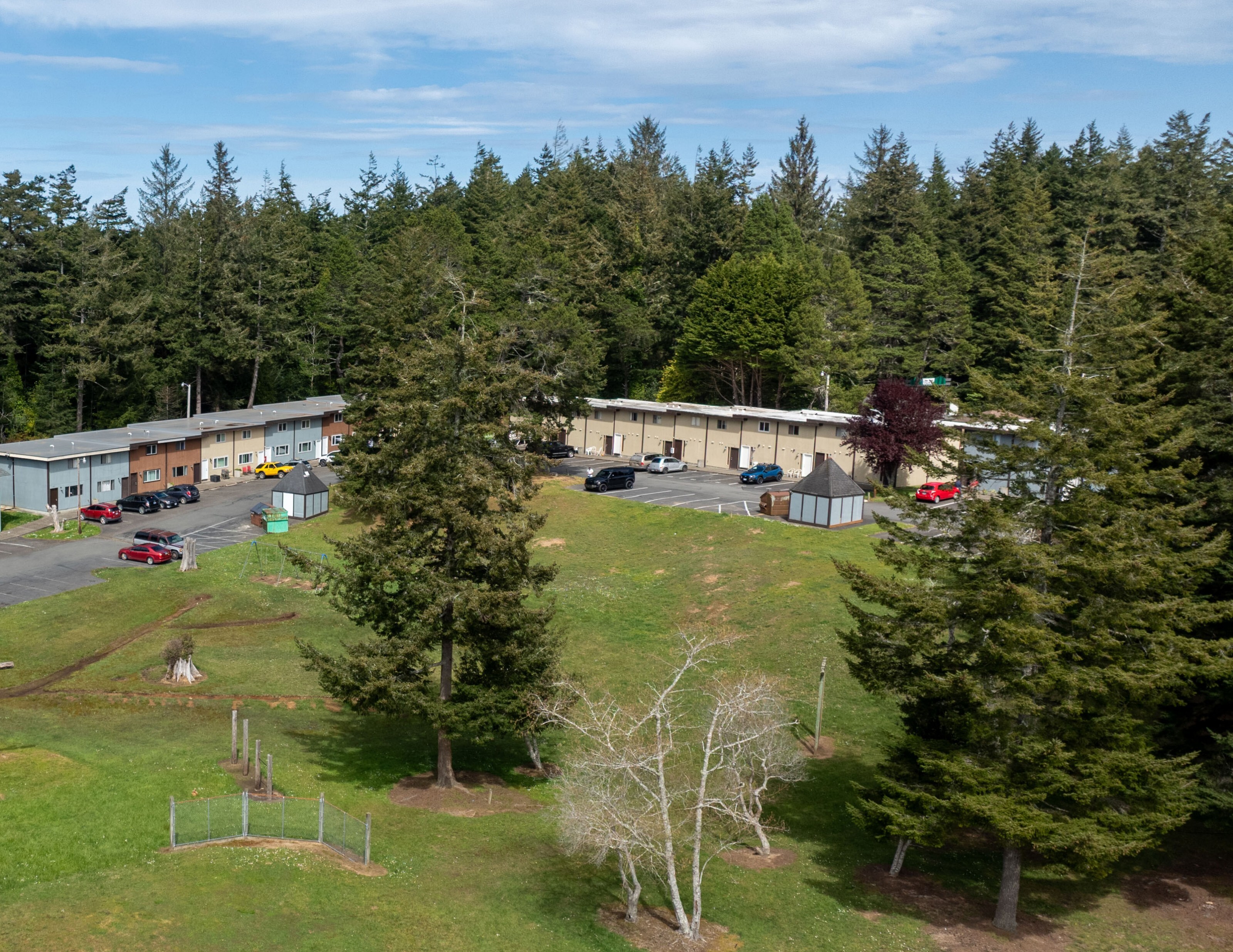 Aerial view of Parkside Village with central greenspace and surrounding forest