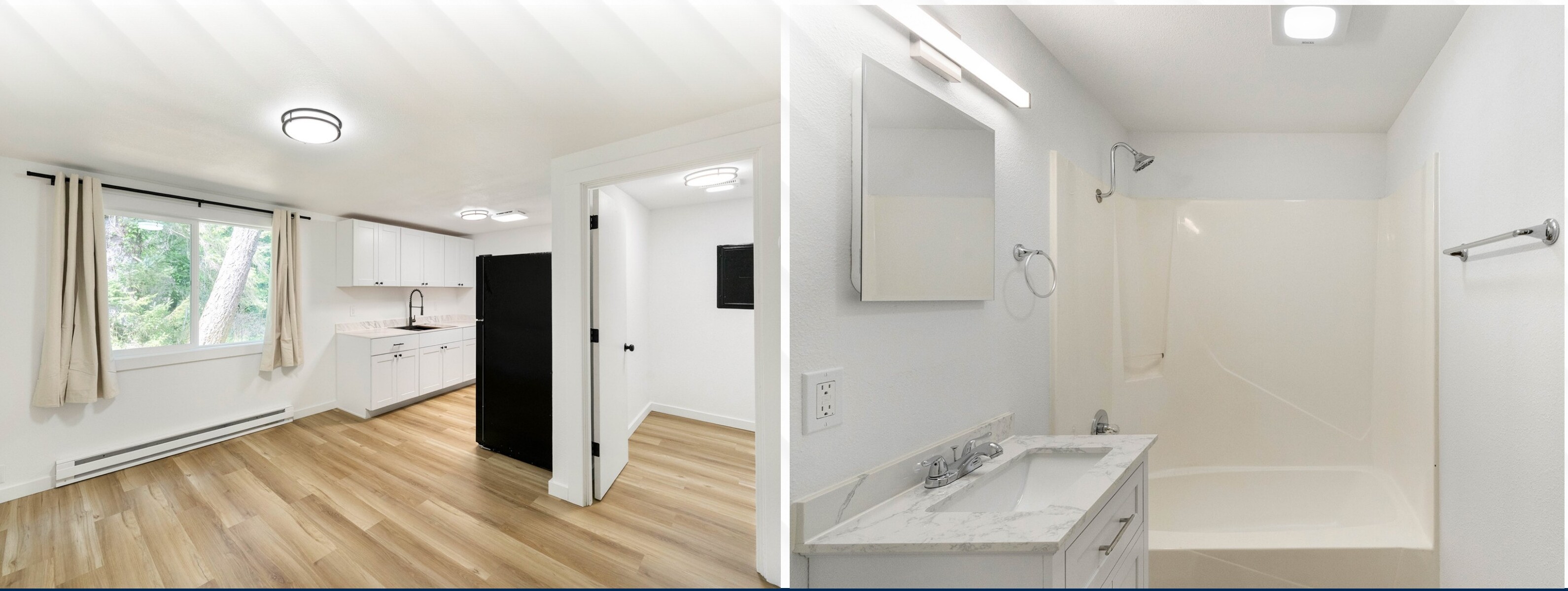 Bathroom vanity and shower area