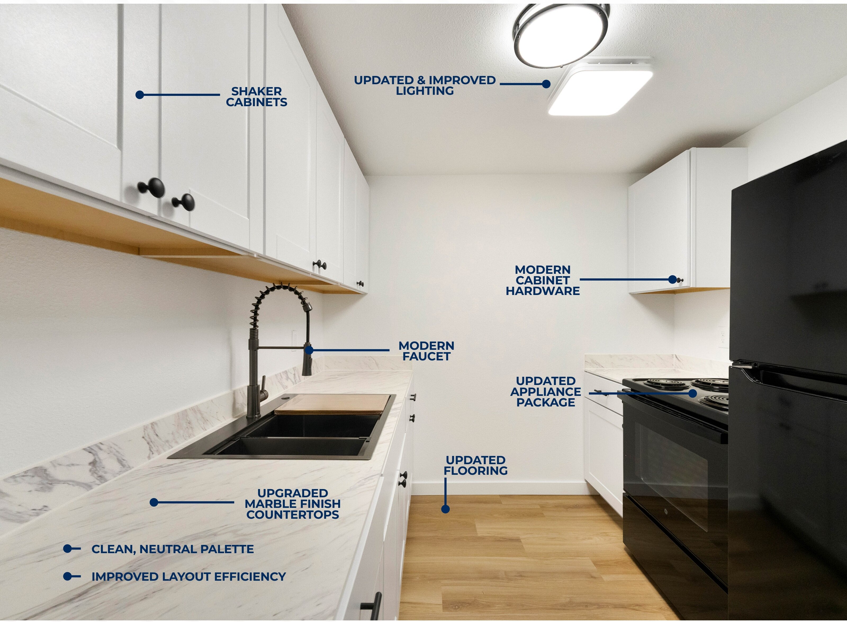 Renovated kitchen with shaker cabinets and marble-finish countertops